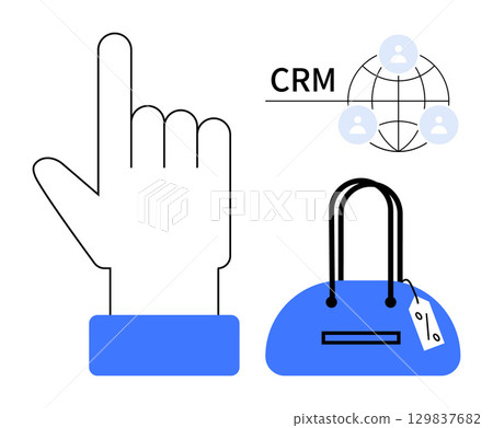 Hand gesture clicking, global CRM network connecting people, blue handbag with price tag. Ideal for retail, e-commerce, marketing, customer service, sales strategy, business connections shopping Hand gesture clicking, global CRM network connecting people, blue handbag with price tag. Ideal for retail, e-commerce, marketing, customer service, sales strategy, business connections shopping 129837682