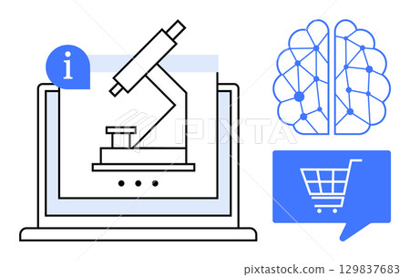 Laptop screen displaying a microscope, AI neural network brain, and shopping cart in a chat bubble. Ideal for tech, science, education, AI, e-commerce, research, online learning concepts. Line Laptop screen displaying a microscope, AI neural network brain, and shopping cart in a chat bubble. Ideal for tech, science, education, AI, e-commerce, research, online learning concepts. Line 129837683