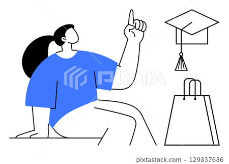 Person with raised finger, blue shirt. Graduation cap and shopping bag nearby. Ideal for education, learning, achievement, shopping, goals success and growth. Line metaphor 129837686