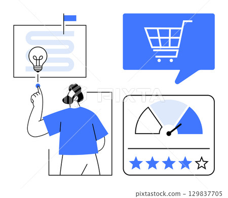 Businessman activating idea button, shopping cart in speech bubble, performance gauge, five-star rating. Ideal for eCommerce, strategy, shopping, innovation, customer satisfaction, performance 129837705