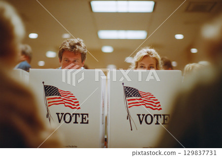Two people are voting in a booth 129837731