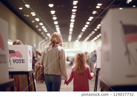 A woman and a child are walking through a voting booth 129837732