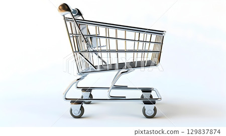 Metallic Shiny 3D Shopping Cart Icon Representing E-commerce and Consumerism on White Background 129837874