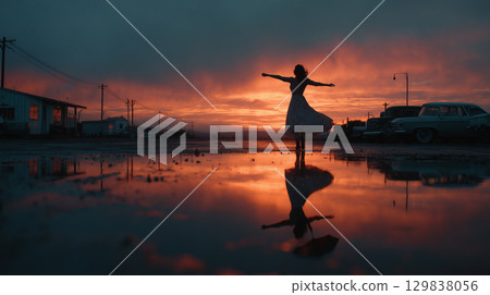A city at dusk and the silhouette of a dancing woman - the light reflected on the water creates a fantastical scene 129838056