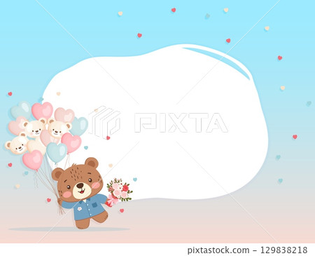 Teddy bear frame with bouquet and heart balloons 129838218