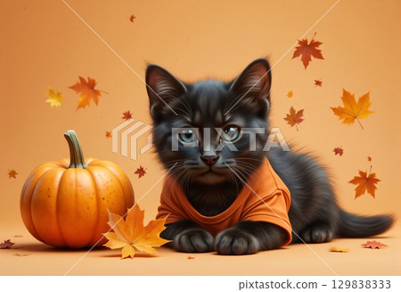 Cute autumn cat wearing beanie surrounded by falling maple leaves 129838333