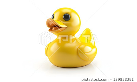 Bright Yellow Rubber Duck Icon - Playful 3D Symbol of Childhood and Bath Time Fun Isolated on White Background Bright Yellow Rubber Duck Icon - Playful 3D Symbol of Childhood and Bath Time Fun Isolated on White Background 129838391