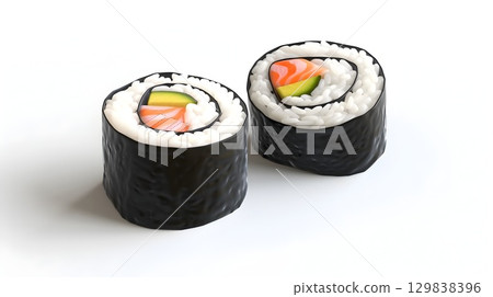 Detailed 3D Sushi Roll Icon Representing Japanese Gourmet Cuisine and Traditional Seafood Dish 129838396