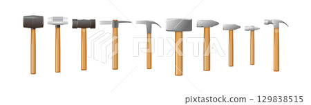 Set of hammers with a wooden handle. Vector industrial workers tool. Equipment for repair, contract and locksmith work. Vector 129838515