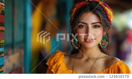 Latin woman in traditional Mexican clothing 129838579