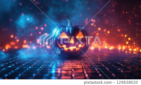 Pumpkin disco ball for Halloween party. Lantern with shiny blue rays 129838610