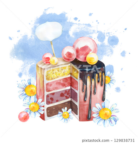 Watercolor holiday cake with bright decor and daisies on the background of a blue watercolor spot. The illustration is isolated on a white background. Dessert template for postcards, invitations Watercolor holiday cake with bright decor and daisies on the background of a blue watercolor spot. The illustration is isolated on a white background. Dessert template for postcards, invitations 129838731