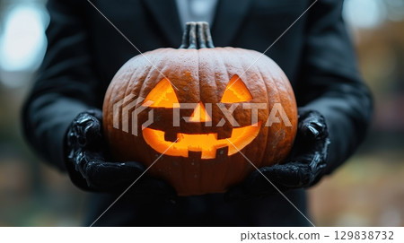 A man in a black costume holding a pumpkin with a smile on it 129838732