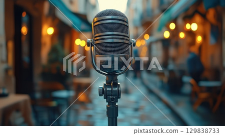 A metal microphone standing on a noisy European street. A metal microphone standing on a noisy European street. 129838733