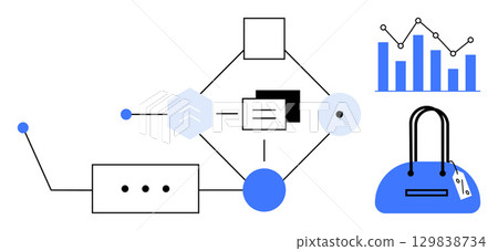 Flowchart with interconnected shapes, bar graph, and purse. Ideal for business processes, data management, e-commerce, project planning, financial analysis, technology workflows visual 129838734