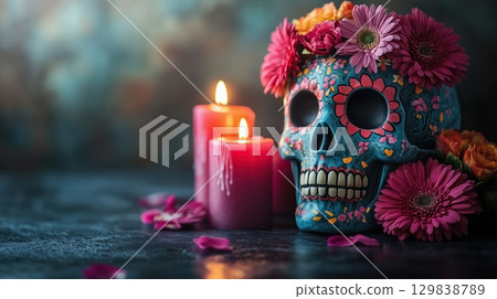Colorful skull with flowers and candles on dark background 129838789