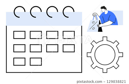 Calendar with rings, person holding shopping bag, and gear representing planning and productivity. Ideal for project management, scheduling, shopping, productivity, time management, planning Calendar with rings, person holding shopping bag, and gear representing planning and productivity. Ideal for project management, scheduling, shopping, productivity, time management, planning 129838821