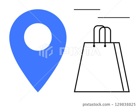 Large blue location pin next to a black outline of a shopping bag. Ideal for e-commerce, delivery, navigation, retail, online shopping, logistics, and marketing themes. Line metaphor 129838825