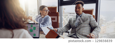 A dynamic business meeting in a modern office promoting creativity and collaboration A dynamic business meeting in a modern office promoting creativity and collaboration 129838839