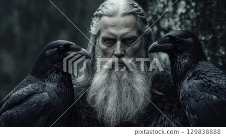 Norse god Odin with his two ravens Huginn and Muninn Norse god Odin with his two ravens Huginn and Muninn 129838888