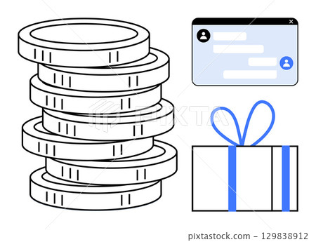 Stacked coins representing financial transactions, a gift box symbolizing rewards, and a chat window indicating customer service. Ideal for e-commerce, online banking, financial technology, digital Stacked coins representing financial transactions, a gift box symbolizing rewards, and a chat window indicating customer service. Ideal for e-commerce, online banking, financial technology, digital 129838912