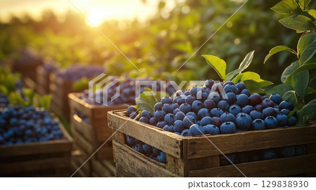 Sunlit blueberry baskets filled with ripe berries 129838930