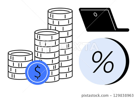 Stacked coins, blue dollar symbol, laptop, and percentage sign. Ideal for finance, investment, savings, business growth, interest rates, economic analysis, and financial education. Line metaphor 129838963