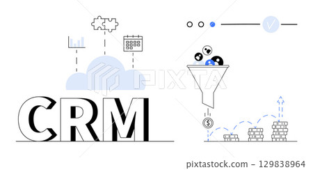 CRM text with cloud, puzzle piece, bar chart, and calendar icons. Funnel filtering data into dollar sign and stacks of coins. Ideal for customer relationship management, sales strategy, data 129838964