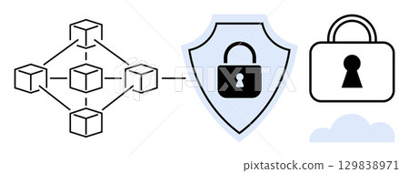 Blockchain network connecting to a shield with a lock icon and a cloud with a lock. Ideal for cybersecurity, data protection, blockchain technology, cloud security, network safety, online privacy 129838971