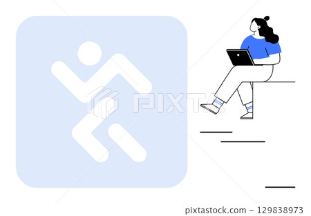 Woman working on a laptop while sitting, next to an abstract running figure. Ideal for business, productivity, technology, mobility, remote work, modern lifestyle, and fitness themes. Line metaphor 129838973