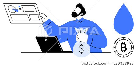 Person holding a chart, reviewing financial data on a laptop, sack of money, water drop, and Bitcoin icon. Ideal for finance, technology, savings, cryptocurrency, investment, financial planning Person holding a chart, reviewing financial data on a laptop, sack of money, water drop, and Bitcoin icon. Ideal for finance, technology, savings, cryptocurrency, investment, financial planning 129838983