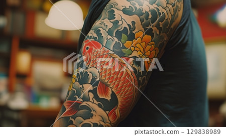 A colorful sleeve tattoo depicting an underwater scene with koi fish A colorful sleeve tattoo depicting an underwater scene with koi fish 129838989