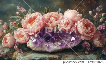 Elegant Amethyst Crystal with Pink Peonies Elegant Amethyst Crystal with Pink Peonies 129839028
