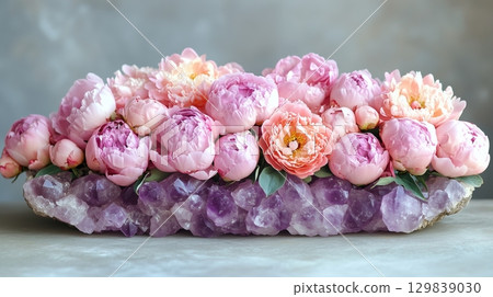 Elegant Amethyst Crystal with Pink Peonies 129839030
