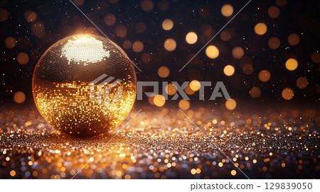 Golden Disco Ball on Sparkly Surface, Nightlife, Party Background 80s Style. 129839050