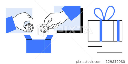 Hands placing coins labeled B and S into blue box, gift box with ribbon on right. Ideal for donation, charity, savings, finance, fundraising, holiday giving volunteer support. Line metaphor 129839080