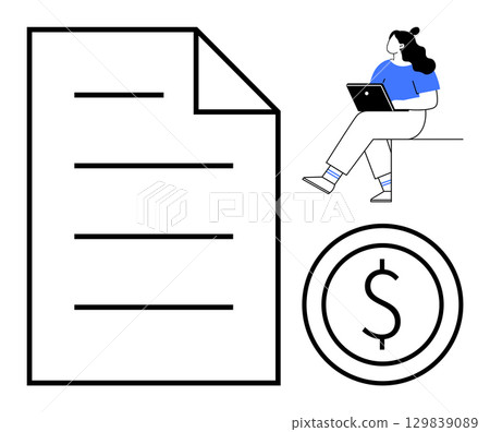 Freelancer with laptop beside large document icon and money symbol. Ideal for online work, freelancing, finance, remote jobs, contracts, digital economy, e-commerce. Line metaphor Freelancer with laptop beside large document icon and money symbol. Ideal for online work, freelancing, finance, remote jobs, contracts, digital economy, e-commerce. Line metaphor 129839089
