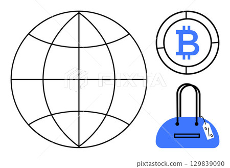 Globe, Bitcoin symbol, and handbag with price tag emphasize global communication, digital currency, and shopping. Ideal for e-commerce, finance, global trade, online shopping technology digital 129839090