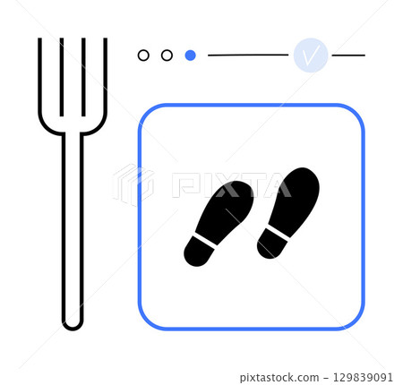 Fork and footsteps in black, blue progress indicator with check mark, minimal white background. Ideal for business planning, workflow automation, task management, decision-making, process 129839091