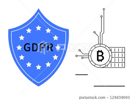 Shield labeled GDPR alongside digital Bitcoin and circuit design. Ideal for data privacy blockchain technology cybersecurity cryptocurrency protection regulation. Clean and modern 129839093