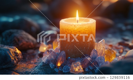 A candle is surrounded by rocks and crystals 129839116