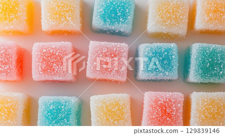 colorful sugared gummy cubes background 129839146