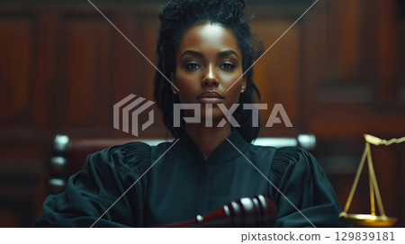 Black female lawyer wearing a black robe sitting on table 129839181