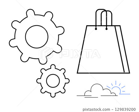 Gears, shopping bag, and rising sun element. Ideal for industrial efficiency, retail business, e-commerce, manufacturing, logistics daily operations economic growth themes. Line metaphor Gears, shopping bag, and rising sun element. Ideal for industrial efficiency, retail business, e-commerce, manufacturing, logistics daily operations economic growth themes. Line metaphor 129839200