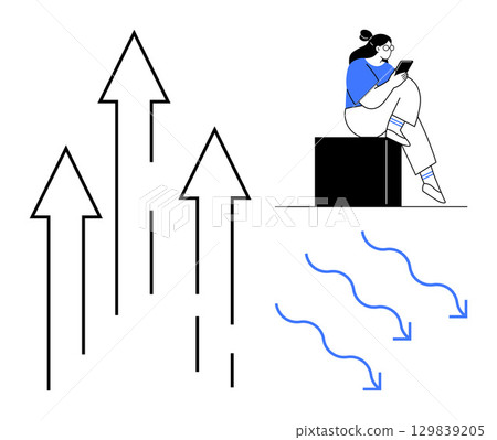 Person reading on a tablet while seated on a box, with arrows pointing upwards and wavy lines pointing downwards. Ideal for workflow, productivity, growth strategies, digital learning, personal 129839205