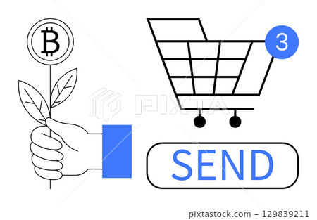 Hand holding Bitcoin symbol plant, shopping cart with notification badge, and SEND button. Ideal for online shopping, cryptocurrency transactions, financial technology, digital markets, retail Hand holding Bitcoin symbol plant, shopping cart with notification badge, and SEND button. Ideal for online shopping, cryptocurrency transactions, financial technology, digital markets, retail 129839211