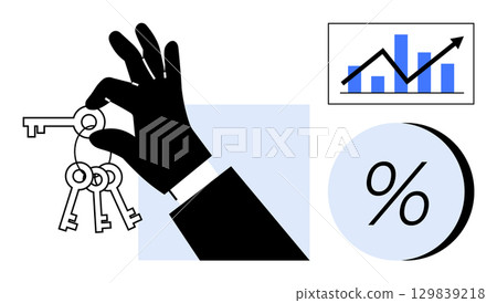 Hand holding multiple keys next to a rising graph and a percentage sign. Ideal for concepts of finance, business growth, investment, real estate, success, analytics, goal achievement. Line metaphor Hand holding multiple keys next to a rising graph and a percentage sign. Ideal for concepts of finance, business growth, investment, real estate, success, analytics, goal achievement. Line metaphor 129839218