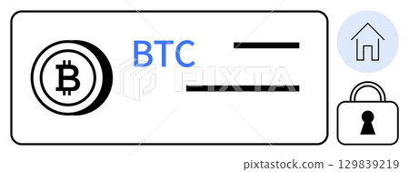 Cryptocurrency wallet interface with Bitcoin symbol, BTC text, home icon, and padlock. Ideal for finance, digital security, online transactions, cryptocurrency, mobile banking fintech applications Cryptocurrency wallet interface with Bitcoin symbol, BTC text, home icon, and padlock. Ideal for finance, digital security, online transactions, cryptocurrency, mobile banking fintech applications 129839219