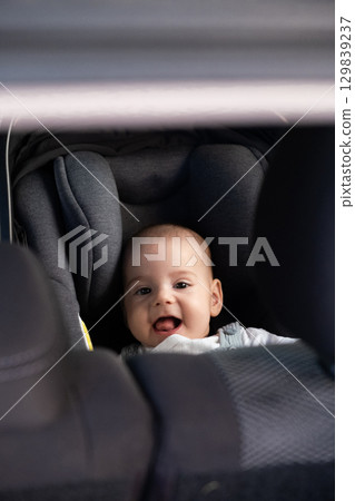 Cute Baby in Car Seat Safety Concept 129839237