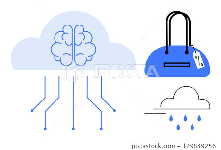 Brain in cloud with circuit lines. Blue handbag with price tag. Cloud raining. Ideal for technology, AI, fashion, e-commerce, weather forecasting retail digital transformation. Line metaphor Brain in cloud with circuit lines. Blue handbag with price tag. Cloud raining. Ideal for technology, AI, fashion, e-commerce, weather forecasting retail digital transformation. Line metaphor 129839256